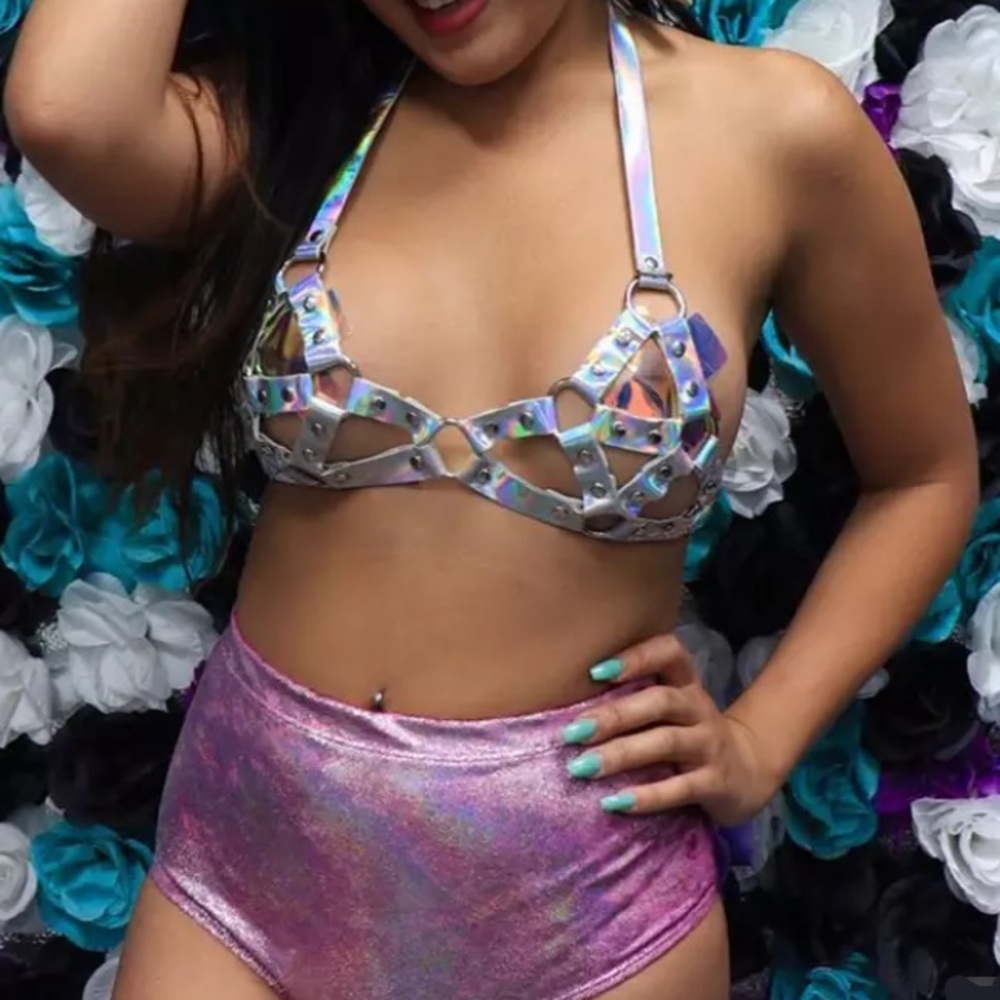 Sexy Bondage Holographic Hollow Out Crop Top Women Link Chain Bondage